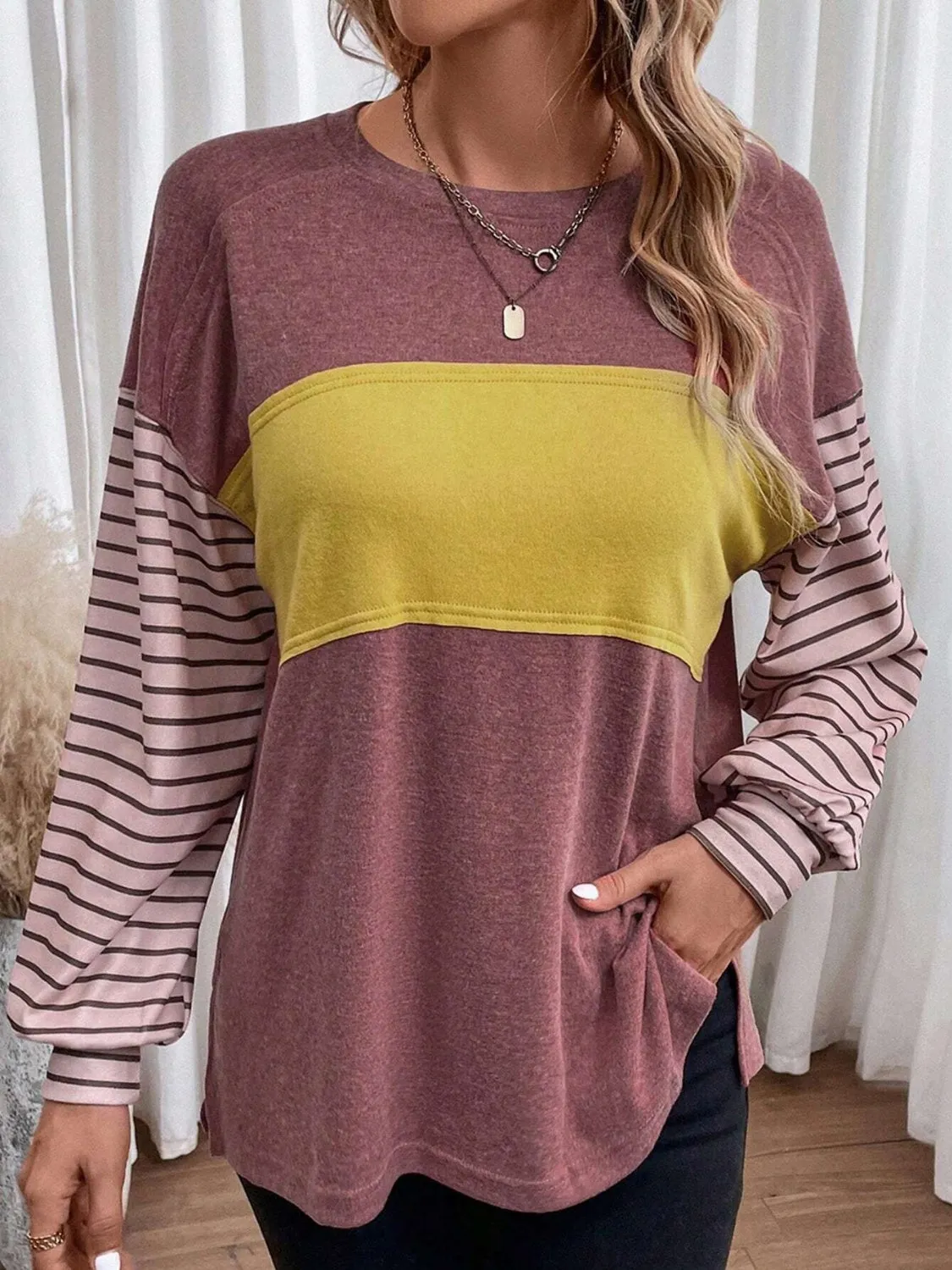 Round Neck Striped Long Sleeve Slit T-Shirt (5 Colors)