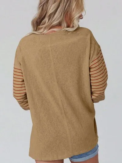 Round Neck Striped Long Sleeve Slit T-Shirt (5 Colors)
