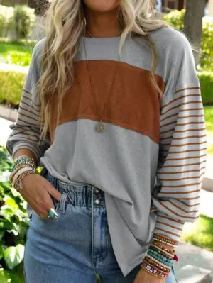 Round Neck Striped Long Sleeve Slit T-Shirt (5 Colors)
