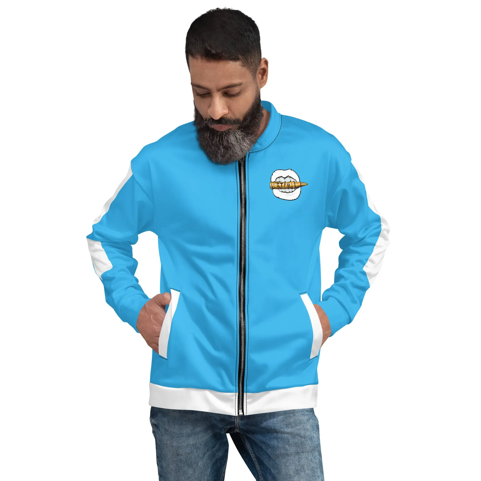 Simple White Logo Unisex Bomber Jacket - Blue
