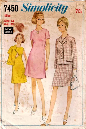 Simplicity 7450 Womens Classic Shift Dress & Short Jacket 1960s Vintage Sewing Pattern Size 14 Bust 36 Inches