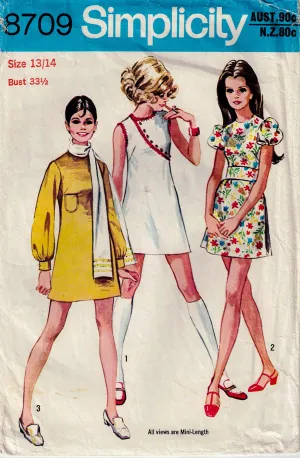 Simplicity 8709 Young Junior Teens Puff Sleeved Mini Dress & Scarf 1970s Vintage Sewing Pattern Size 13/14 Bust 33.5 Inches