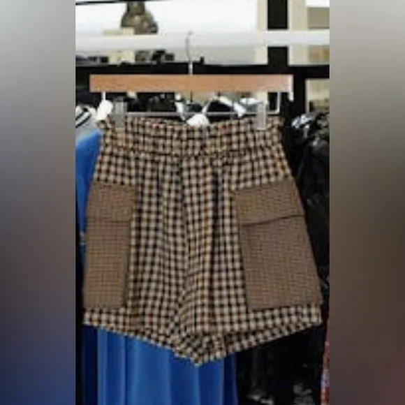 Steve Madden Gaelle Mixed Plaid Cargo Shorts in Brown Plaid NWT XL