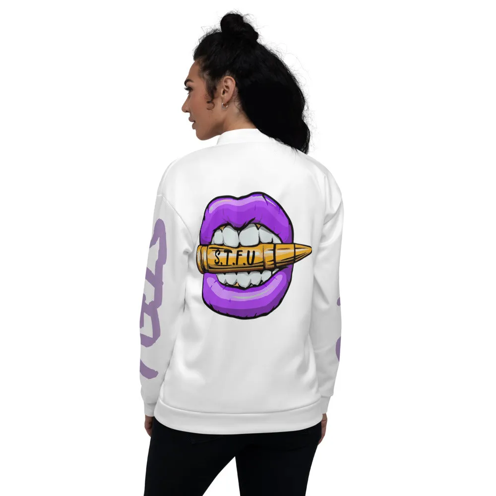 STFU Electric Purple Logo Unisex Bomber Jacket - White