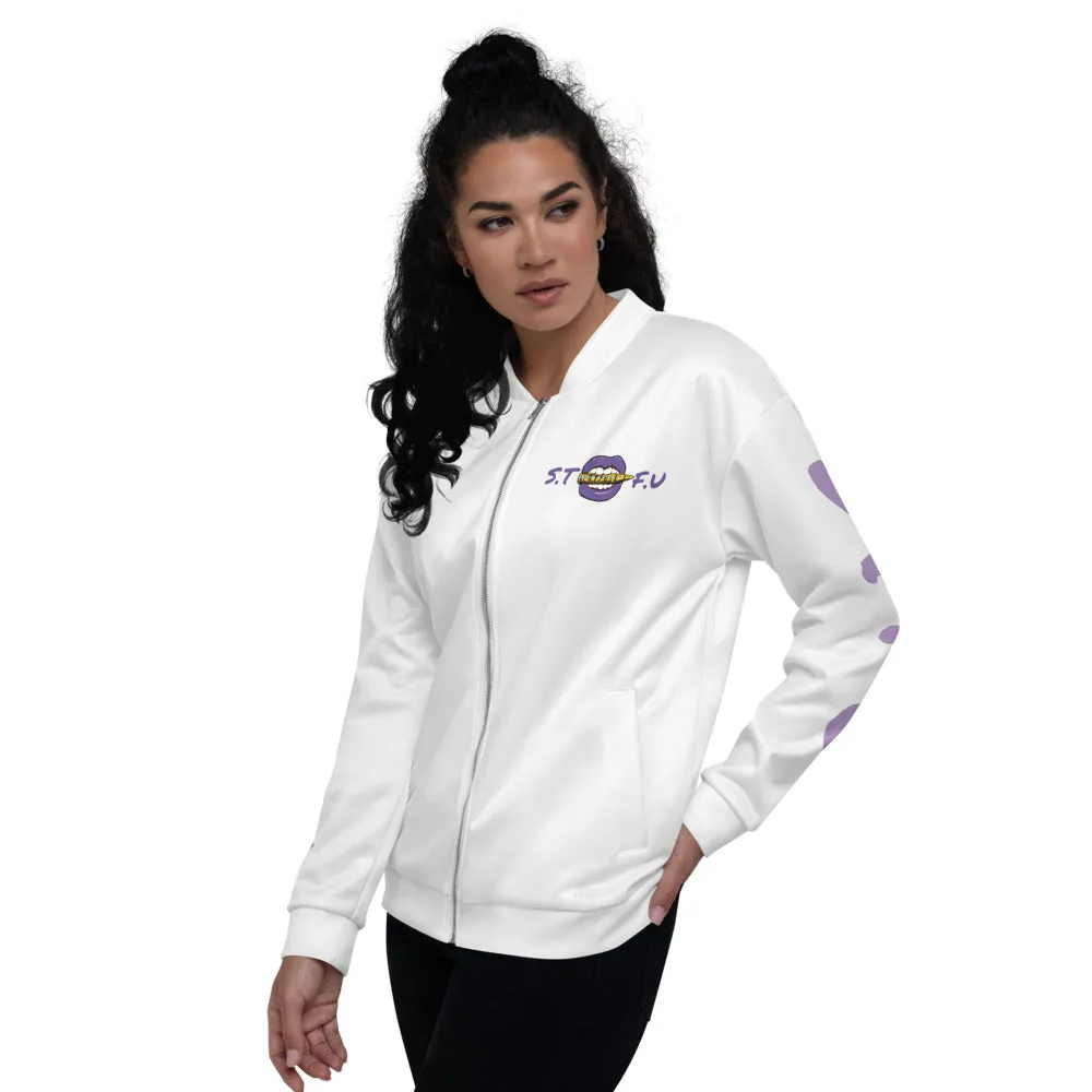 STFU Electric Purple Logo Unisex Bomber Jacket - White
