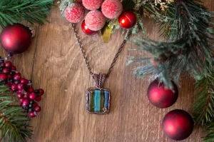 Striped Blue and Green Fused Glass Pendant with Copper Wire Wrapping