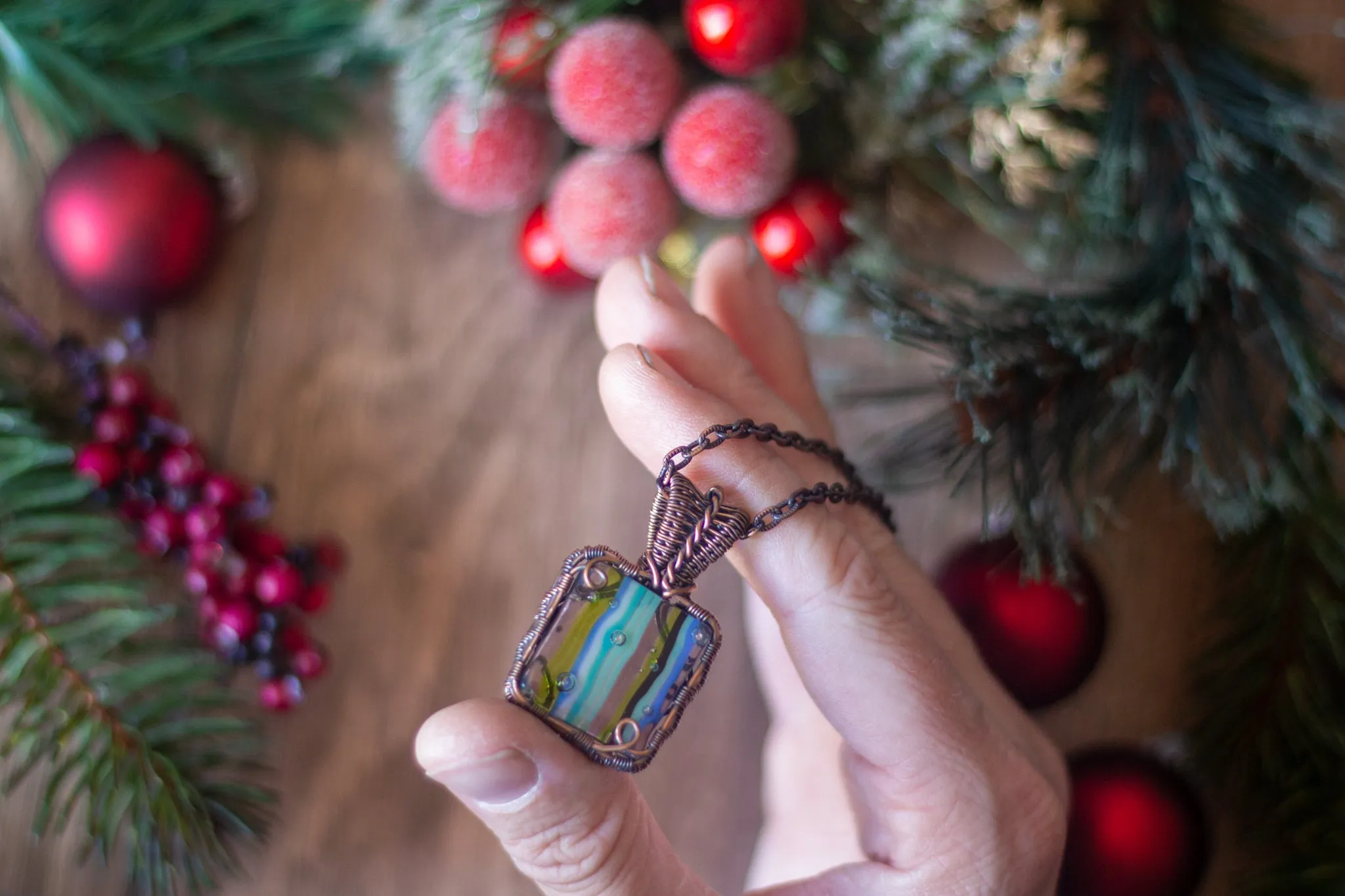 Striped Blue and Green Fused Glass Pendant with Copper Wire Wrapping