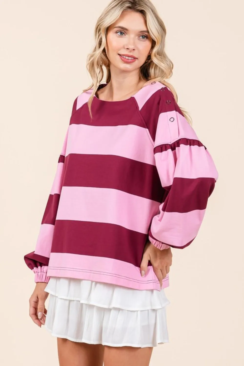 Striped Snap Shoulder Long Sleeve T-Shirt