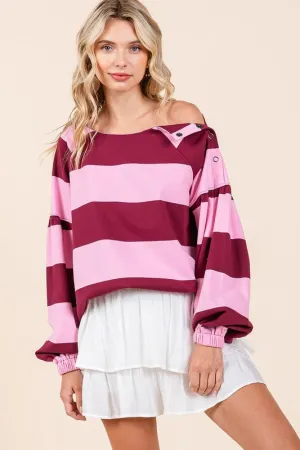 Striped Snap Shoulder Long Sleeve T-Shirt