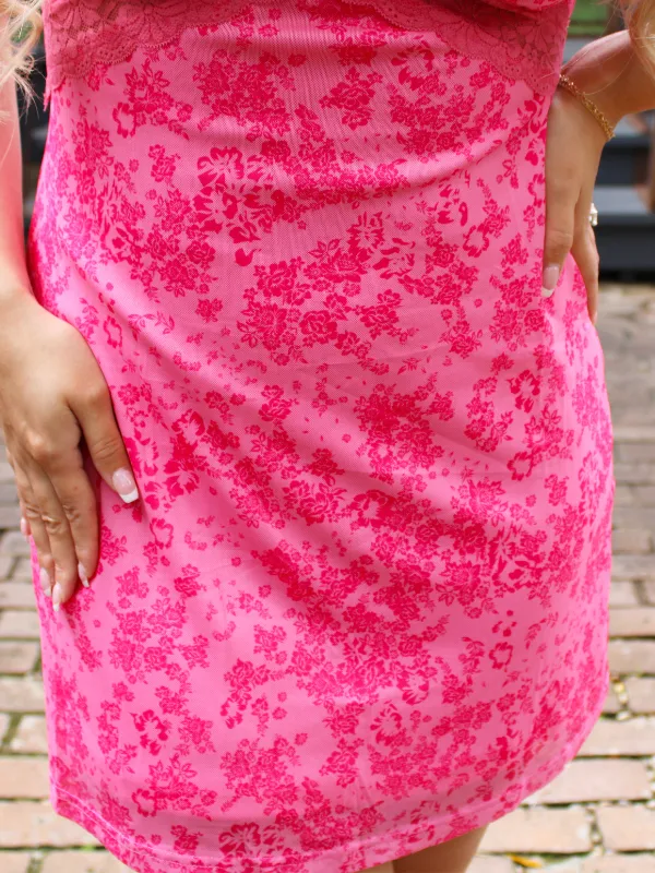Summer Awaits Floral Print Mesh Mini Dress with Lace Trim, Hot Pink