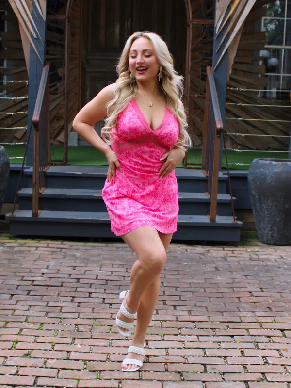 Summer Awaits Floral Print Mesh Mini Dress with Lace Trim, Hot Pink