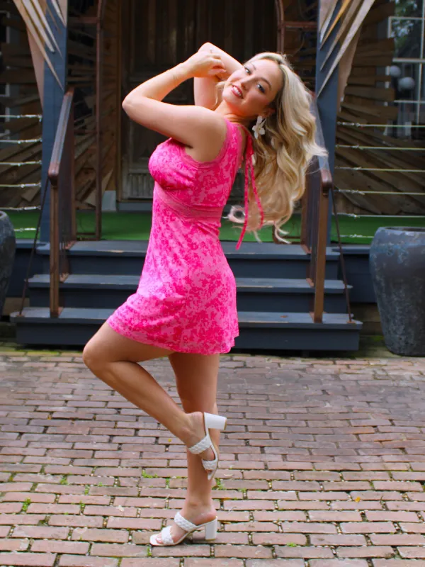Summer Awaits Floral Print Mesh Mini Dress with Lace Trim, Hot Pink