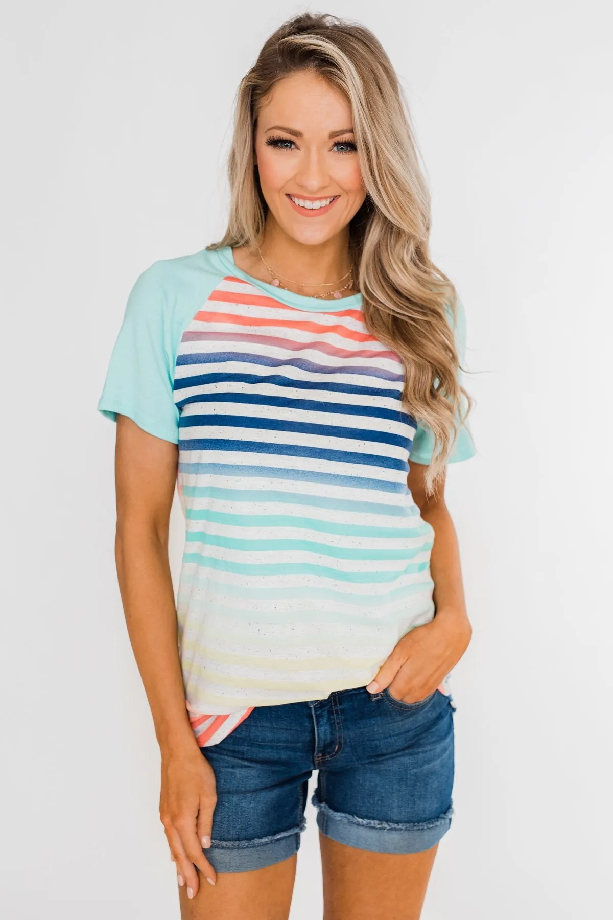 Summer Horizon Multi-Colored Striped Top- Light Blue