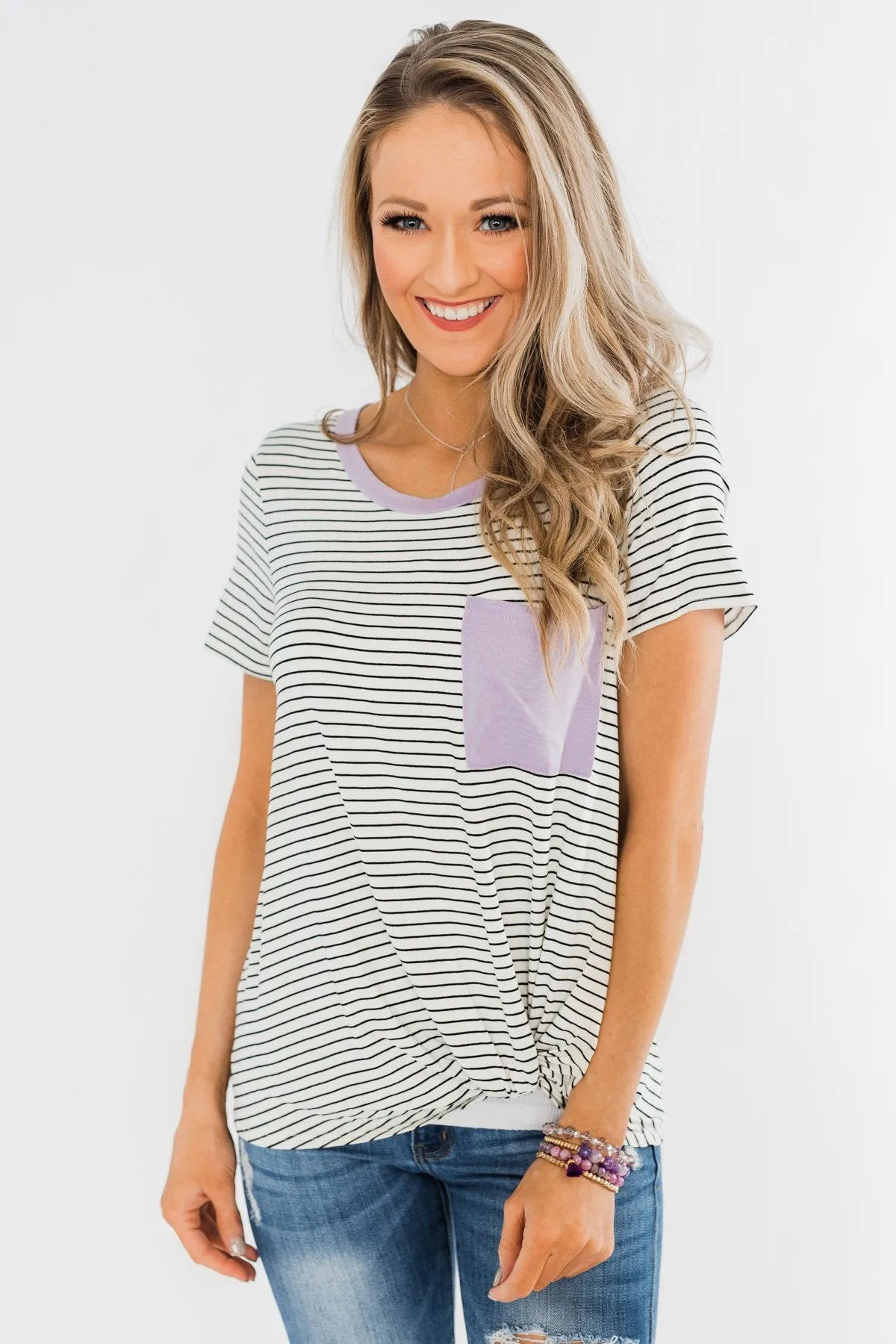 Sweet Spring Striped Pocket Top- Ivory & Lilac