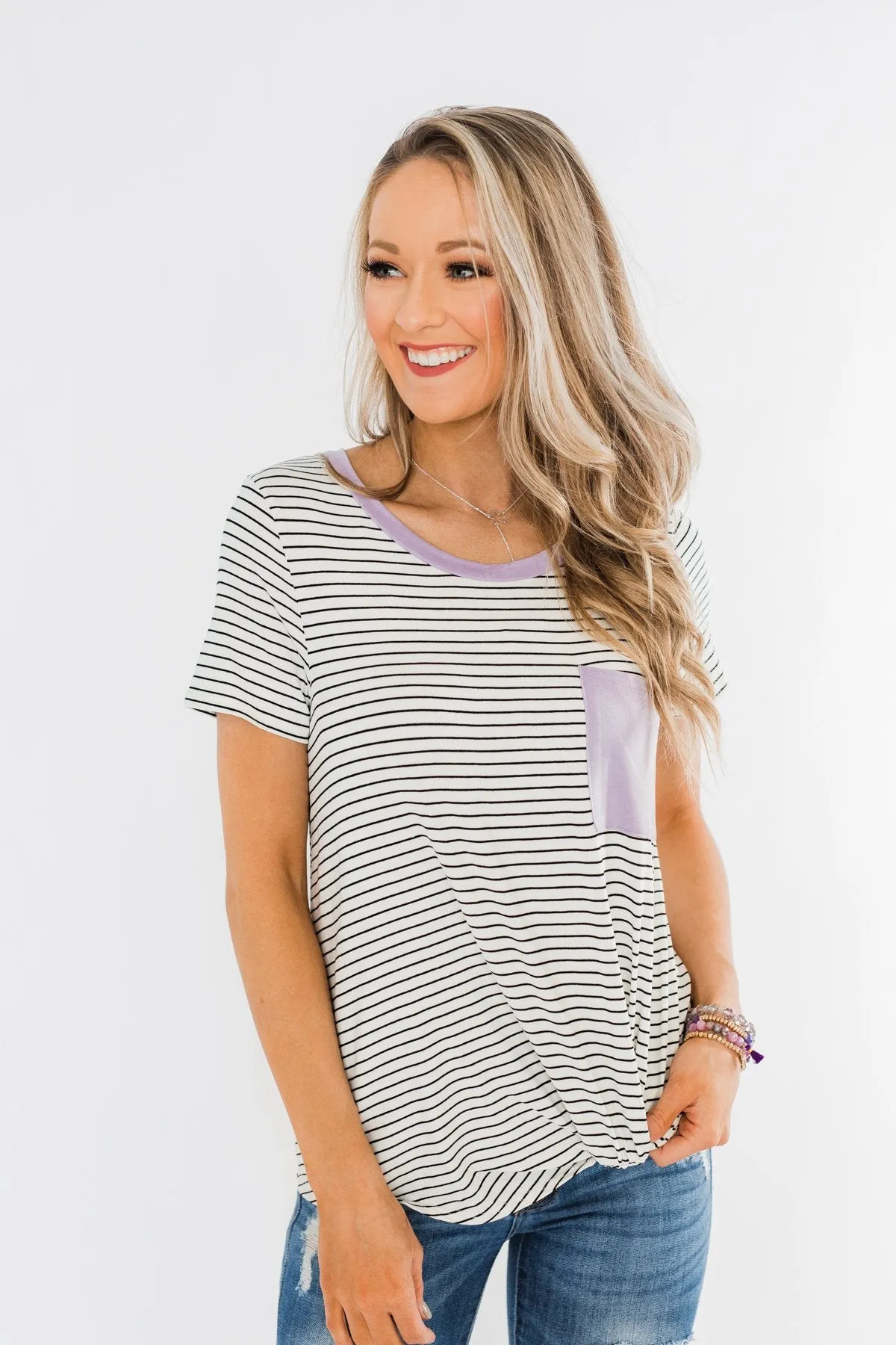 Sweet Spring Striped Pocket Top- Ivory & Lilac