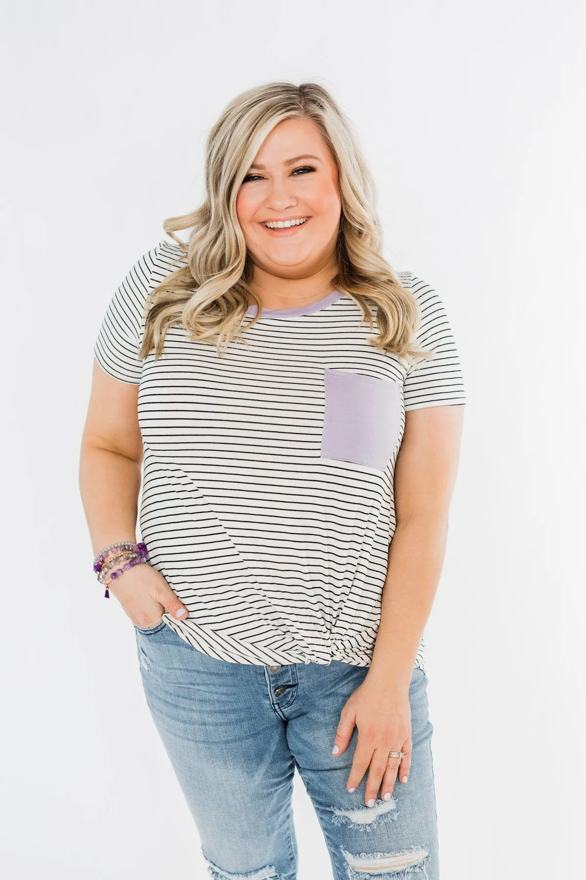 Sweet Spring Striped Pocket Top- Ivory & Lilac
