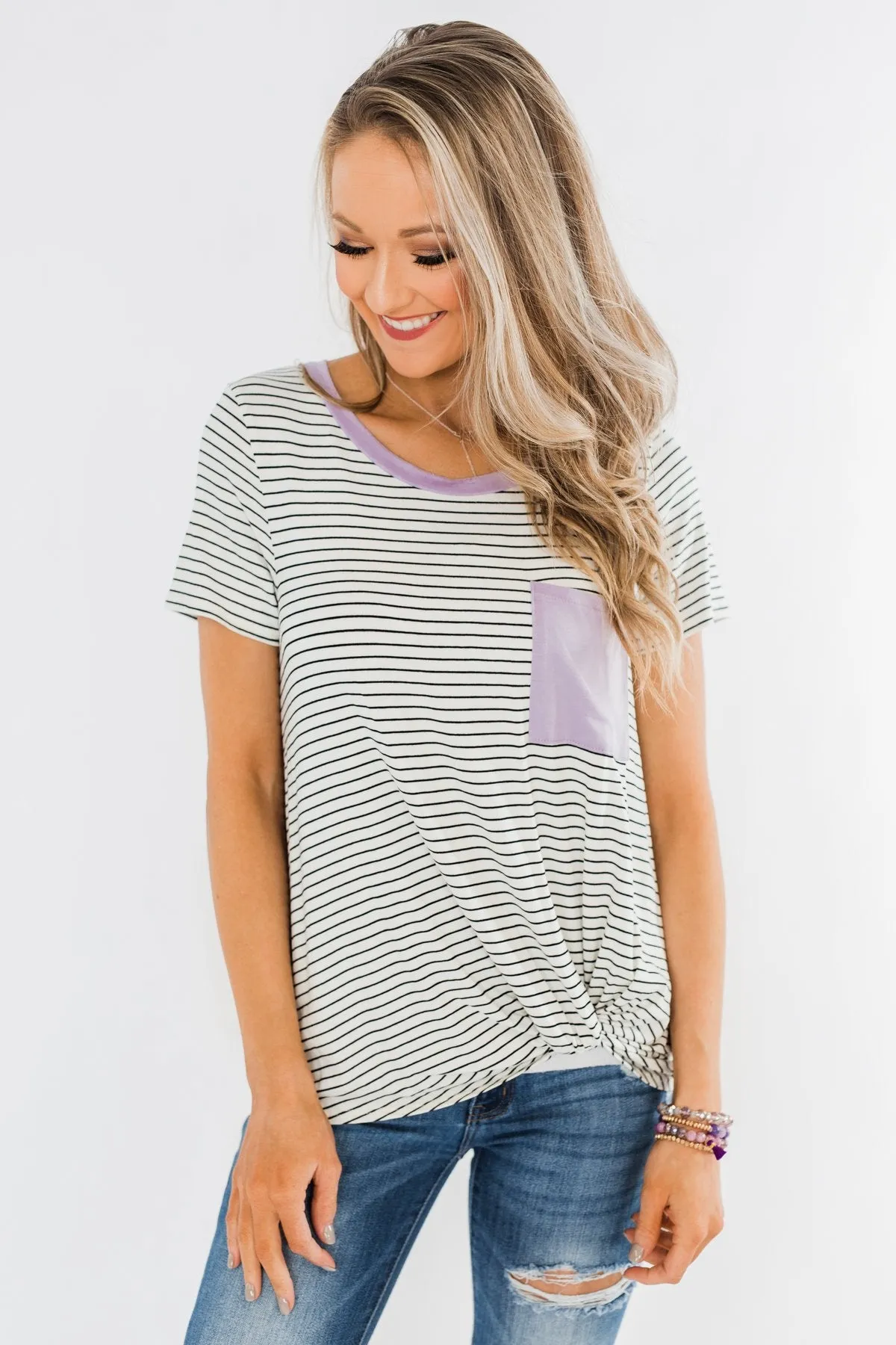 Sweet Spring Striped Pocket Top- Ivory & Lilac