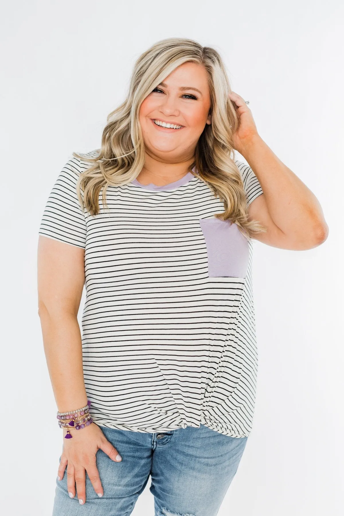 Sweet Spring Striped Pocket Top- Ivory & Lilac