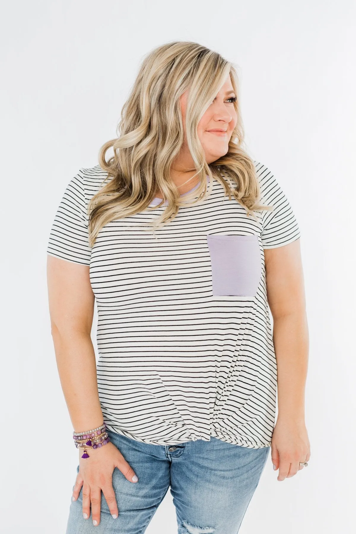 Sweet Spring Striped Pocket Top- Ivory & Lilac