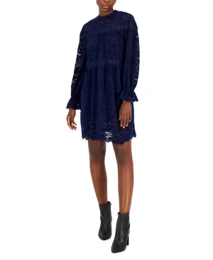 Tahari Asl Womens Lace Mock-Neck Shift Dress 2AM194-T2 Navy Blue 12