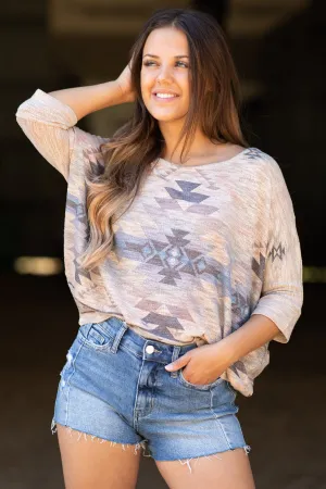 Tan and Cornflower Lightweight Aztec Print Top