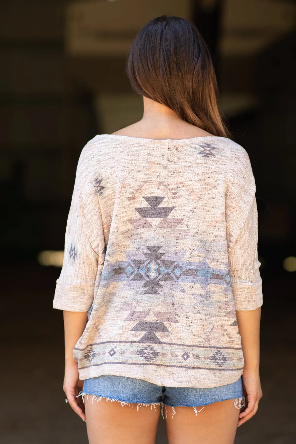 Tan and Cornflower Lightweight Aztec Print Top