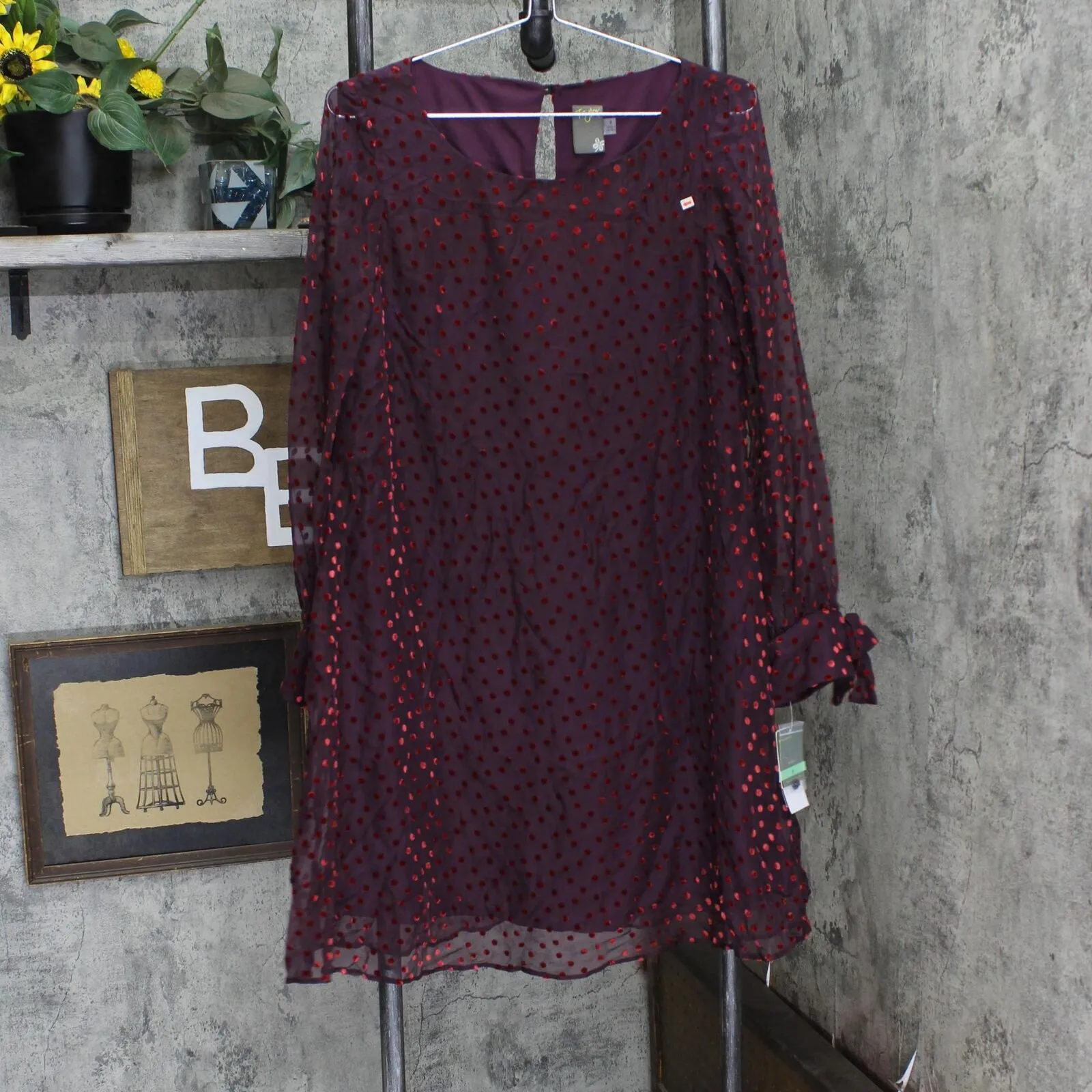 Taylor Women's  Velvet-Dot Shift Dress 9915M Burgundy Red 8