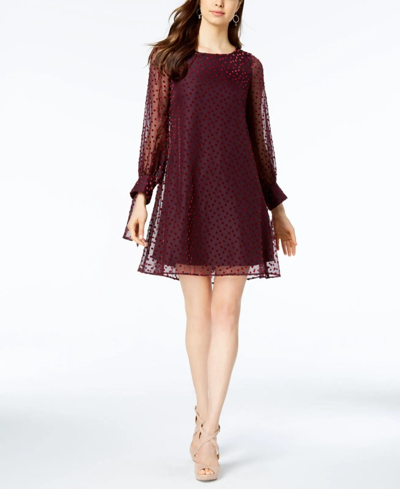 Taylor Women's  Velvet-Dot Shift Dress 9915M Burgundy Red 8