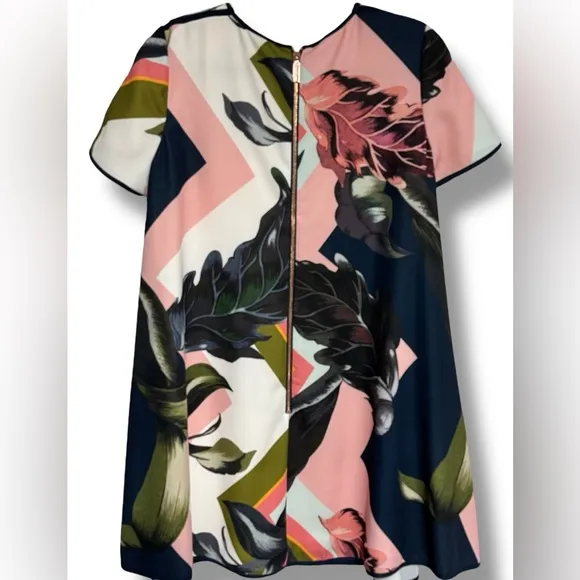 TED BAKER ARIENA EDEN SHORT SLEEVE FLORAL PINK GREEN SHIFT SWING DRESS SZ 3 / 8
