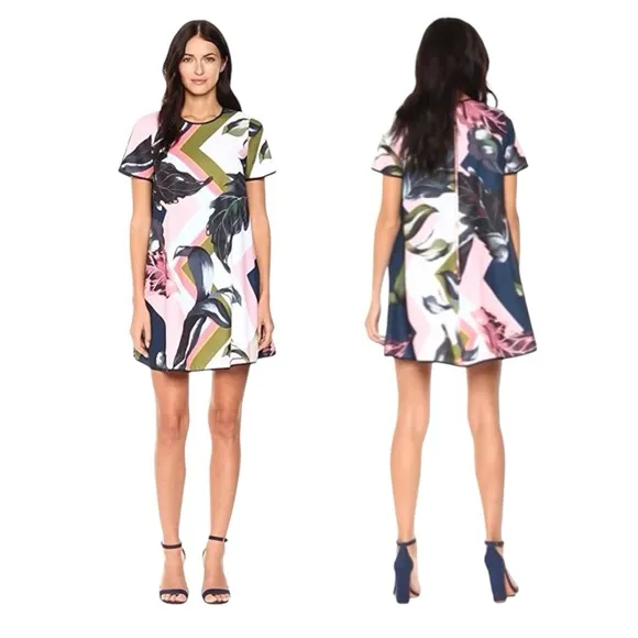 TED BAKER ARIENA EDEN SHORT SLEEVE FLORAL PINK GREEN SHIFT SWING DRESS SZ 3 / 8