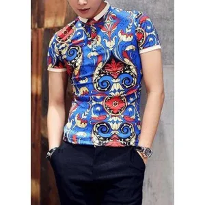 Trendy Slimming Turn-down Collar Classic Ethnic Print Short Sleeves Men's Polo T-Shirt - L