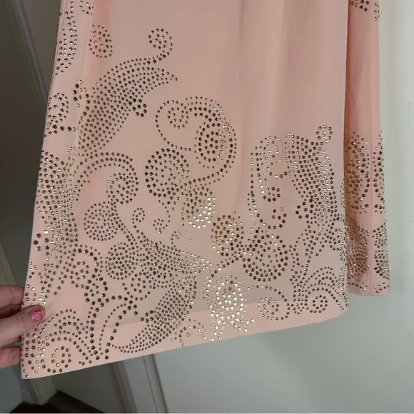 Trina Turk Peachy/Pinkish Glitterati Embellished Paisley 100% Silk Shift Dress 2