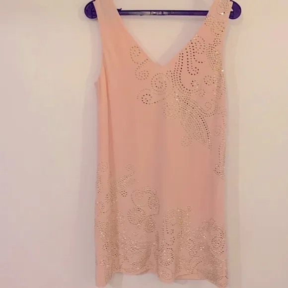 Trina Turk Peachy/Pinkish Glitterati Embellished Paisley 100% Silk Shift Dress 2