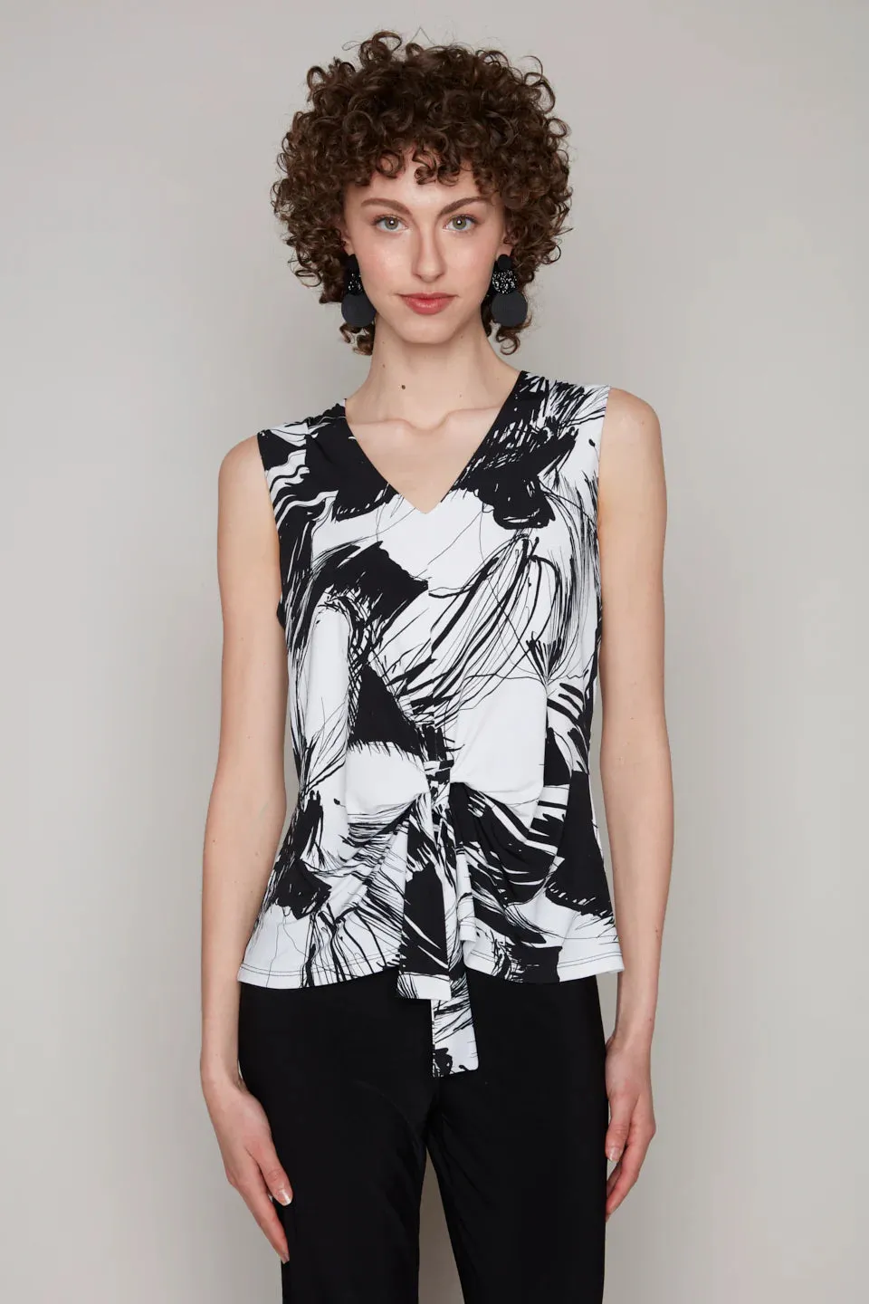 V Neck Sleeveless Top with Front Tie Detail