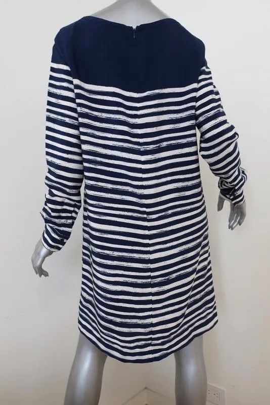 Vince Dress Navy/White Marker Stripe Silk Size Medium Long Sleeve Shift NEW
