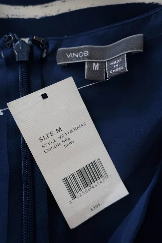 Vince Dress Navy/White Marker Stripe Silk Size Medium Long Sleeve Shift NEW