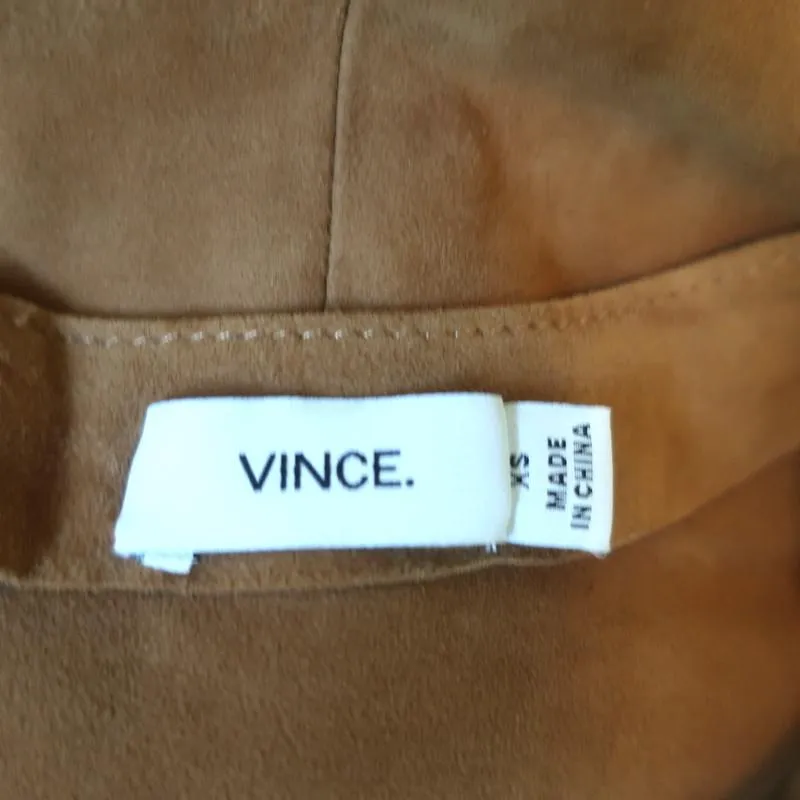 Vince Suede Shift Dress Camel Size Extra Small V-Neck 3/4 Sleeve Mini
