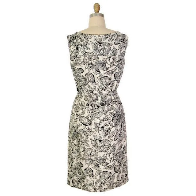 Vintage 1960s Dress Morning Glory Print Irish Linen Shift Black & White 36-34-38