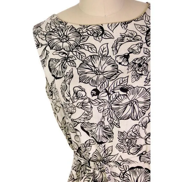 Vintage 1960s Dress Morning Glory Print Irish Linen Shift Black & White 36-34-38