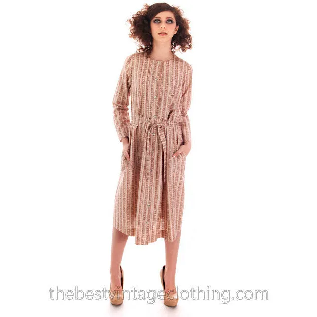 Vintage Marimekko Dress 1970s  Womens S 38/10 Shift Dress Pink & Cream Mini Print Stripe