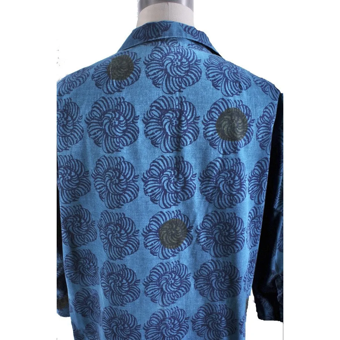 Vintage Marimekko Printed Cotton Shirt Dress 1970s Turquoise Block Batik Print Floral 42/L