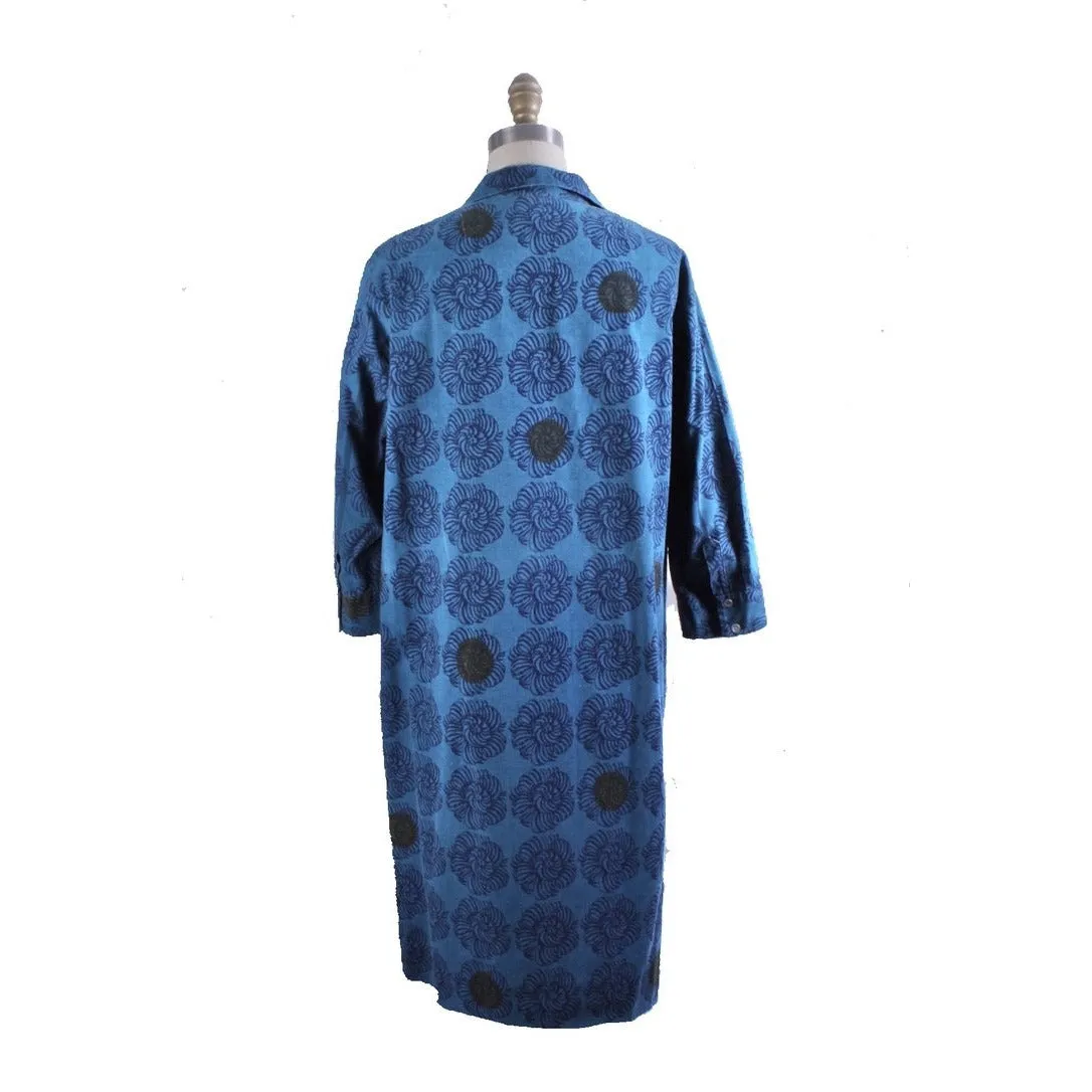 Vintage Marimekko Printed Cotton Shirt Dress 1970s Turquoise Block Batik Print Floral 42/L