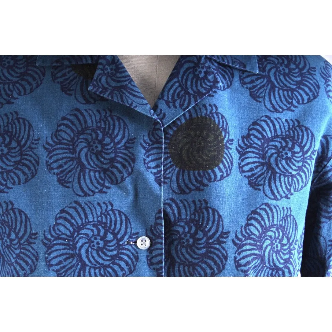 Vintage Marimekko Printed Cotton Shirt Dress 1970s Turquoise Block Batik Print Floral 42/L
