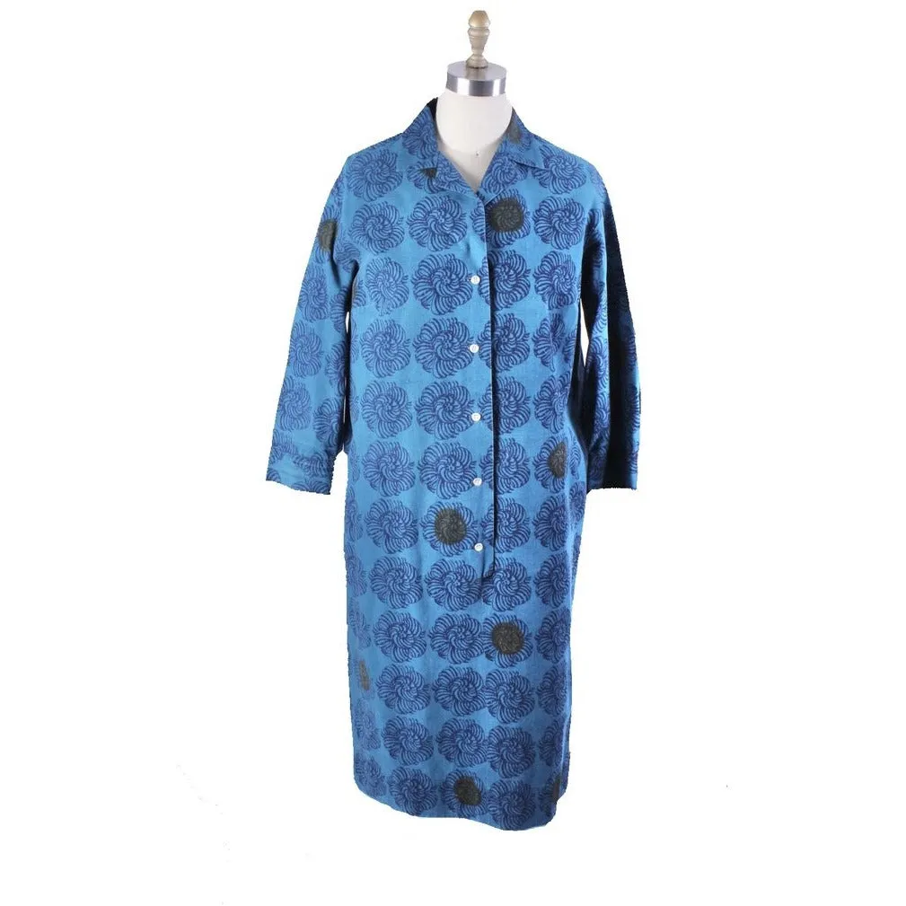 Vintage Marimekko Printed Cotton Shirt Dress 1970s Turquoise Block Batik Print Floral 42/L