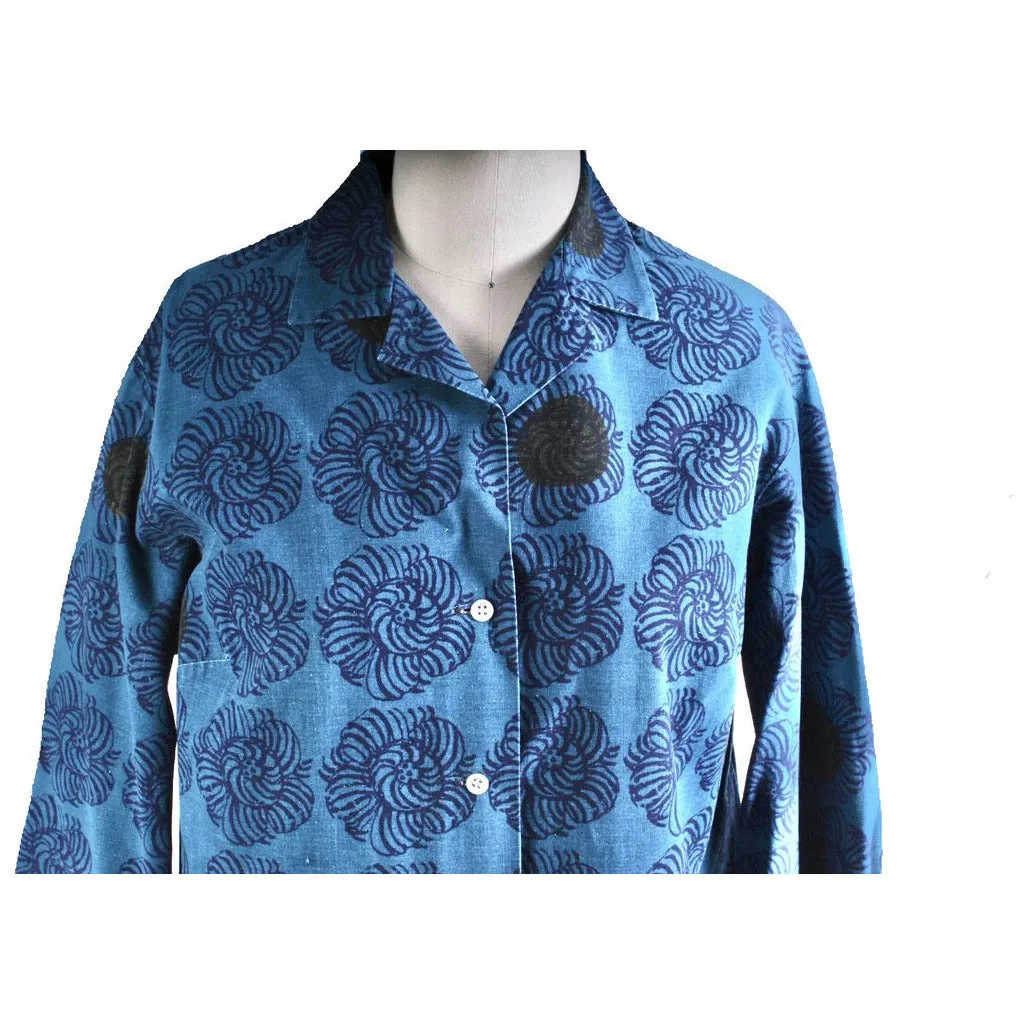 Vintage Marimekko Printed Cotton Shirt Dress 1970s Turquoise Block Batik Print Floral 42/L