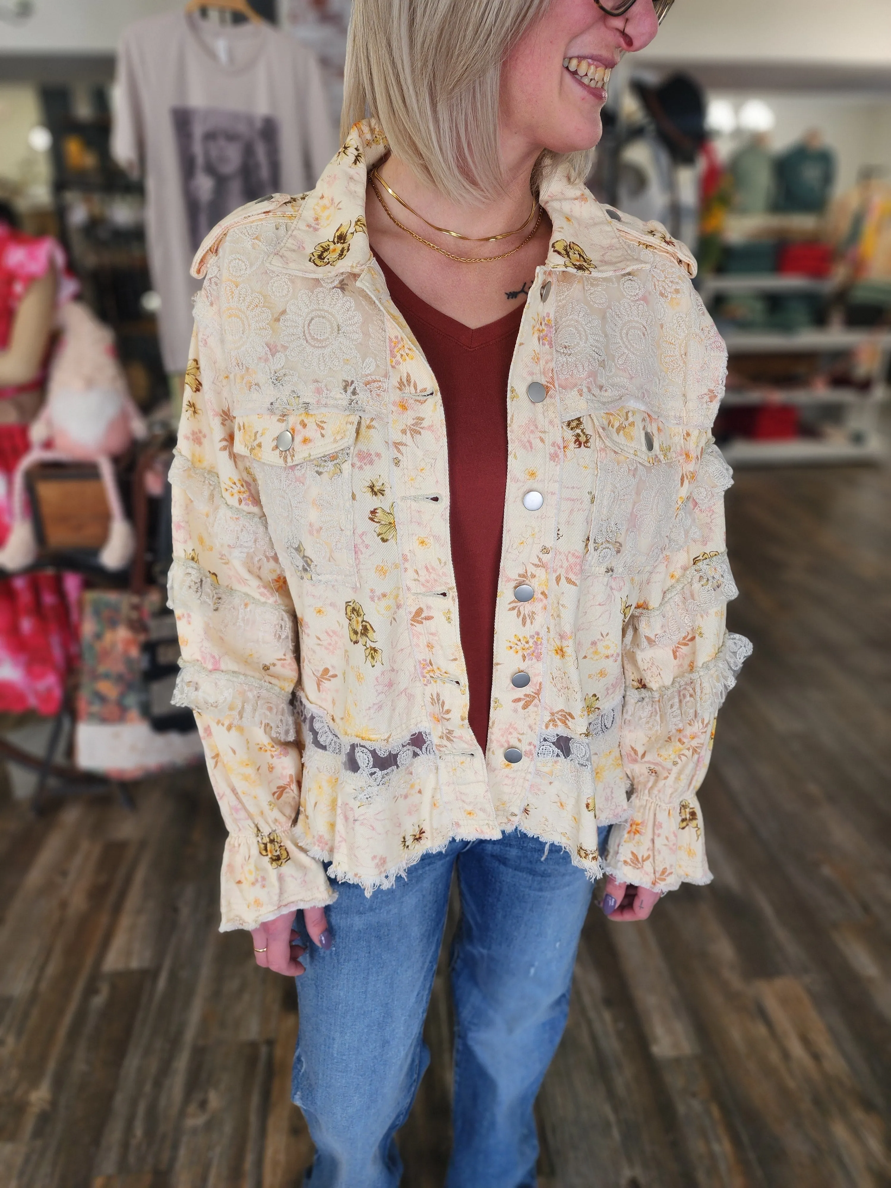 Vintage Washed Floral Jacket Lace Details by POL