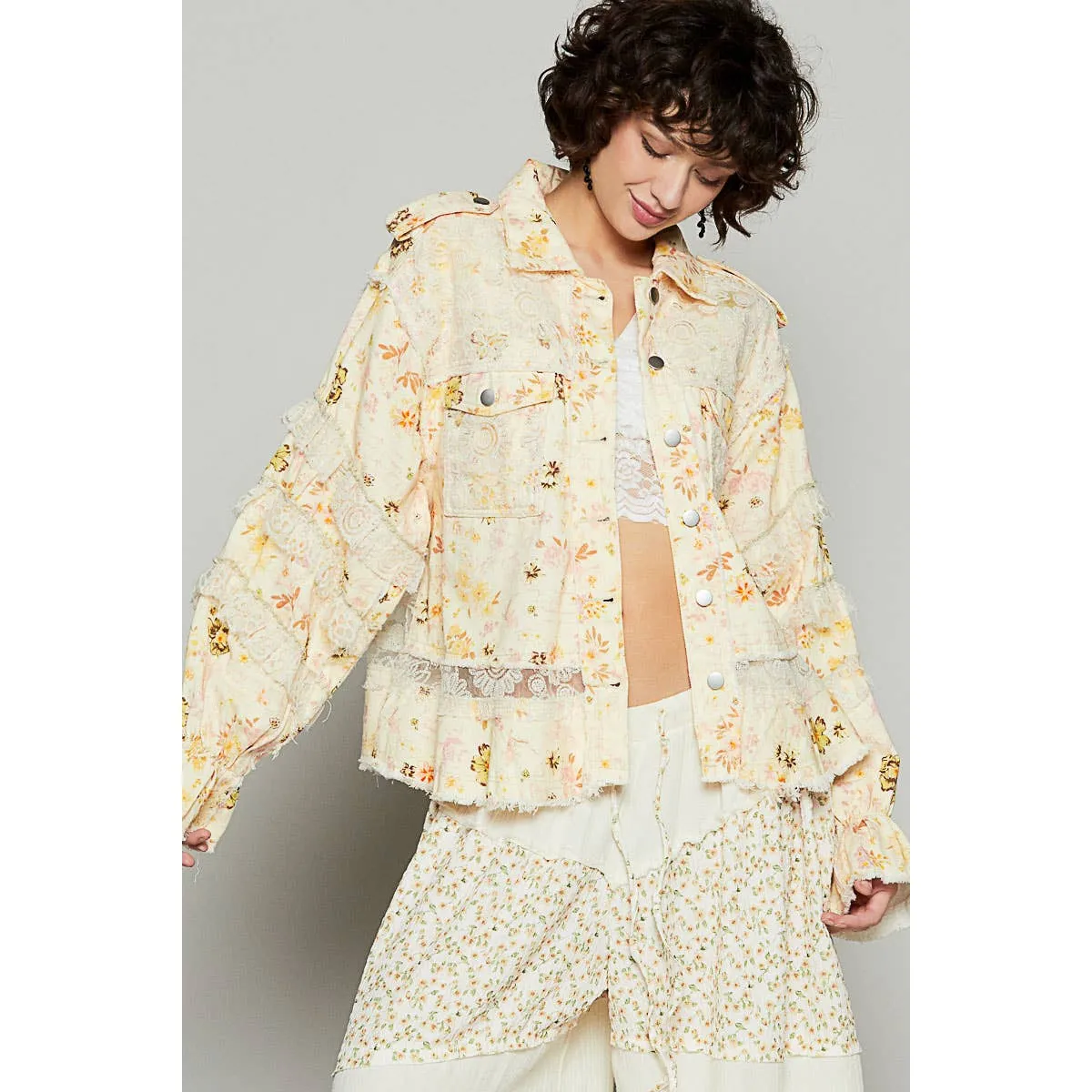 Vintage Washed Floral Jacket Lace Details by POL