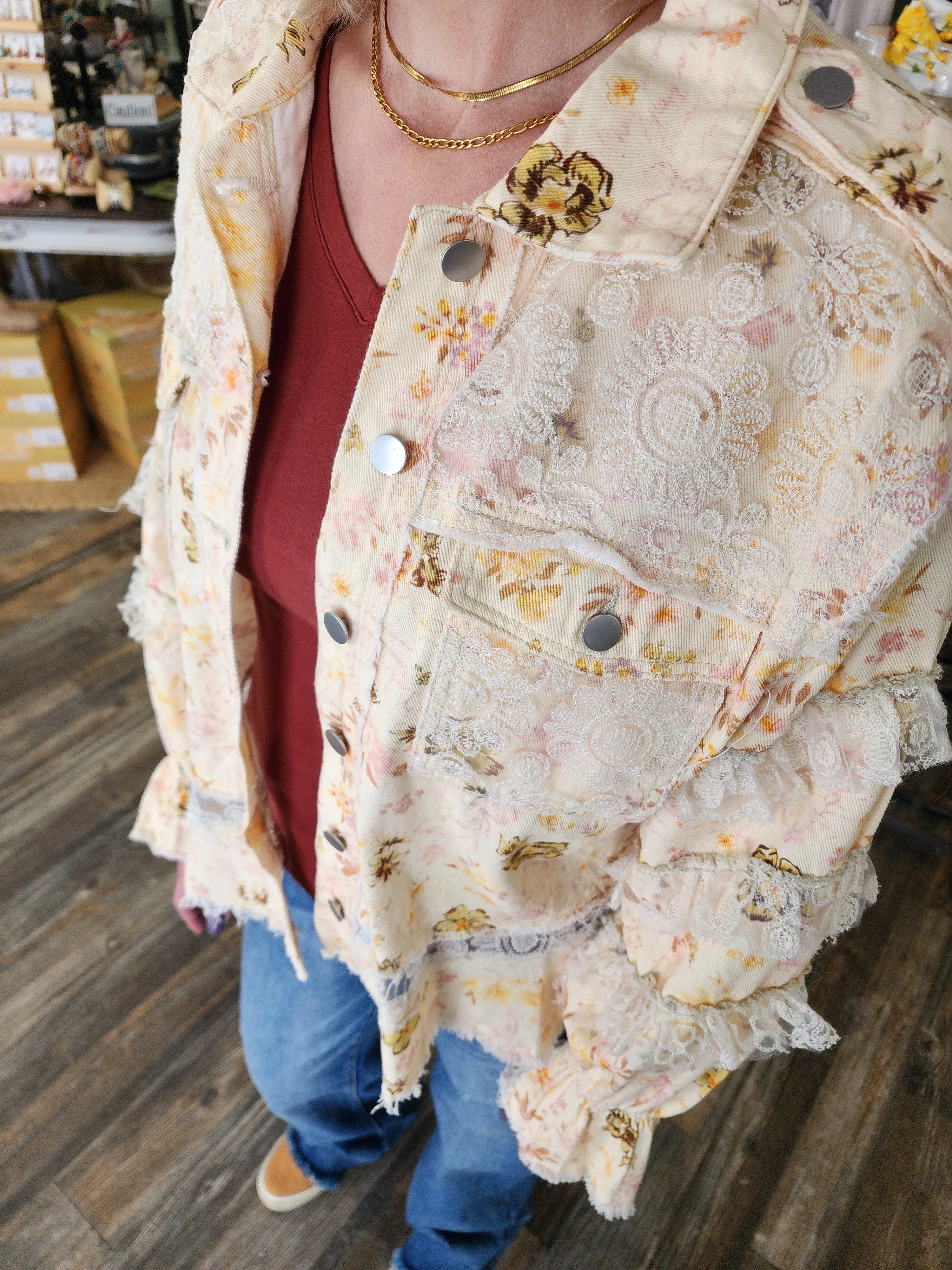 Vintage Washed Floral Jacket Lace Details by POL