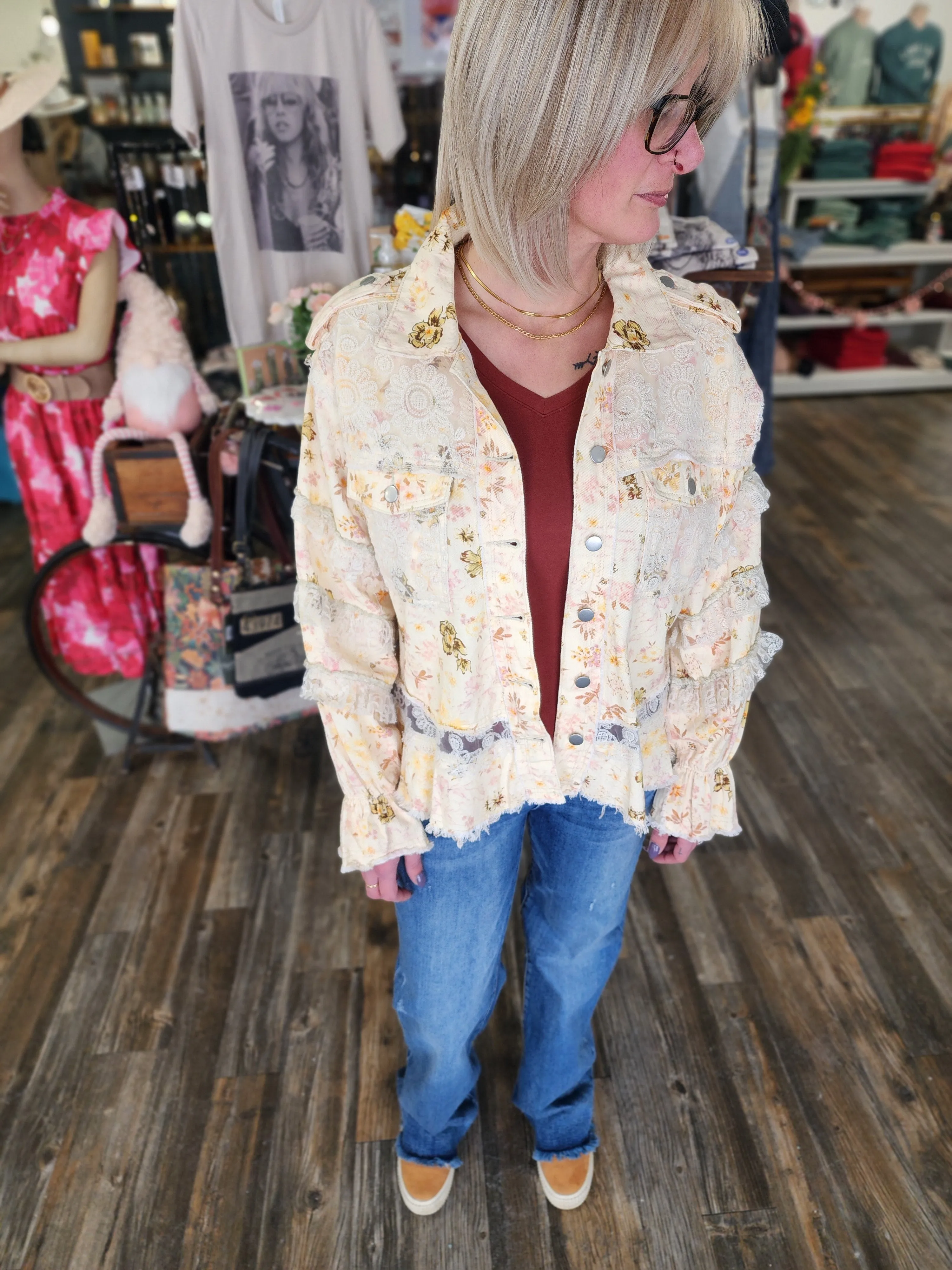 Vintage Washed Floral Jacket Lace Details by POL