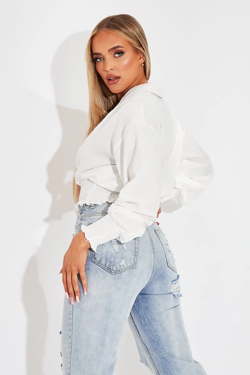 White Plunge Shirred Waist Top - Ciera